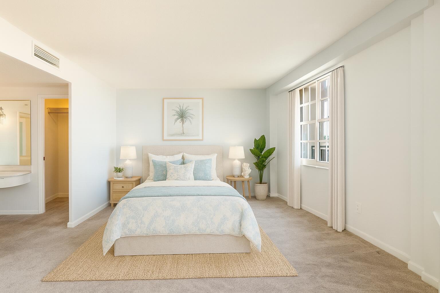 3475 South Ocean Boulevard, Unit 5140 Palm Beach, FL 33480 - Photo 37 of 55 a bedroom with a large bed and a potted plant