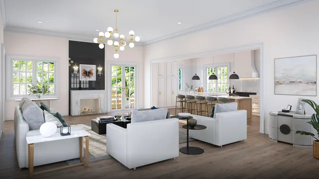 a living room with fireplace furniture and a chandelier