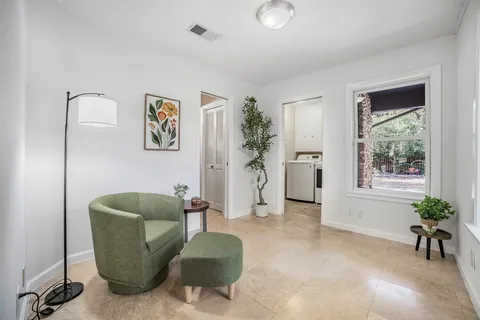 a living room with furniture and a potted plant