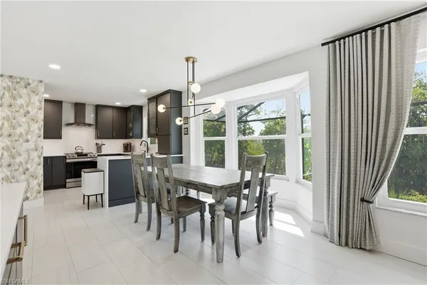 a view of a dining room with furniture window and outside view