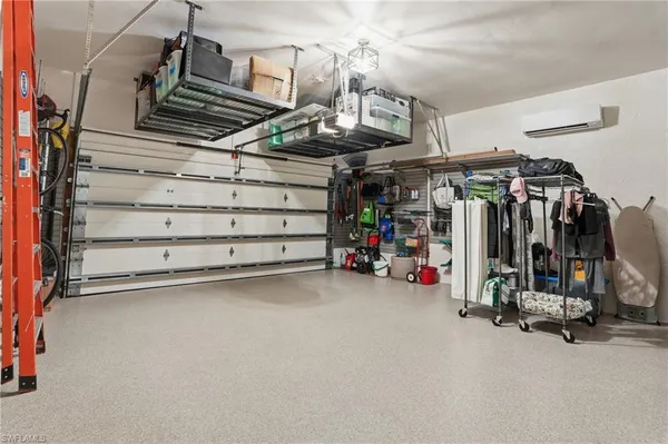 a view of a storage room with gym equipment