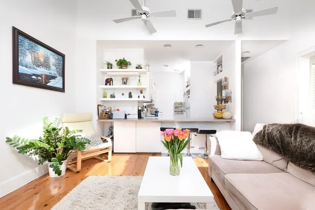 a living room with furniture potted plant and table