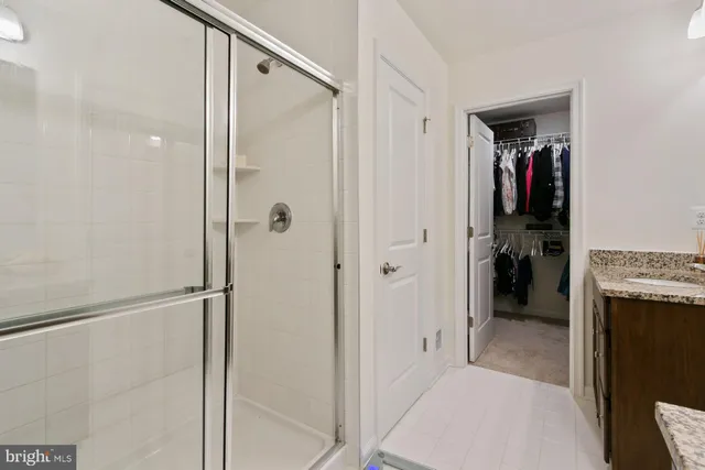 a bathroom with a shower and a fireplace