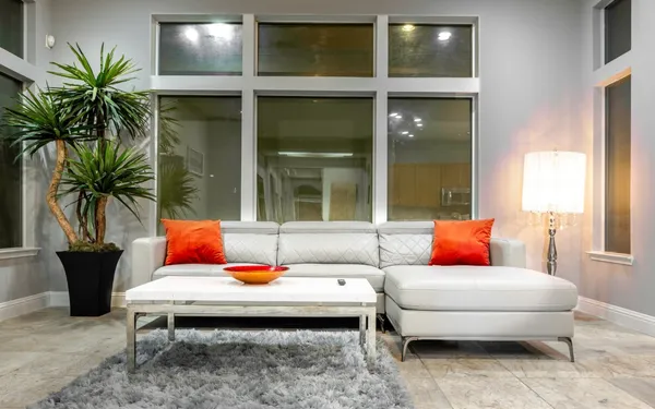 a living room with furniture and a potted plant