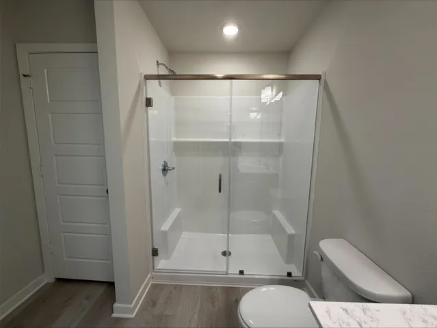a bathroom with a shower and toilet