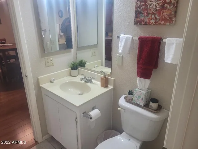 a bathroom with a sink toilet and mirror