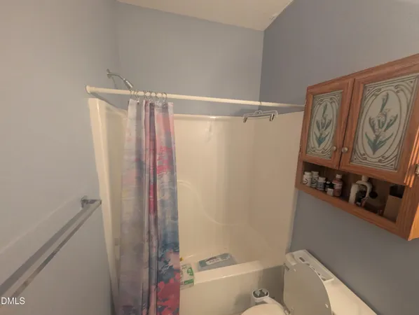 a bathroom with a shower curtain and a toilet