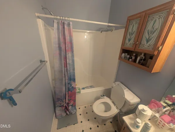a bathroom with a sink a toilet and shower curtain
