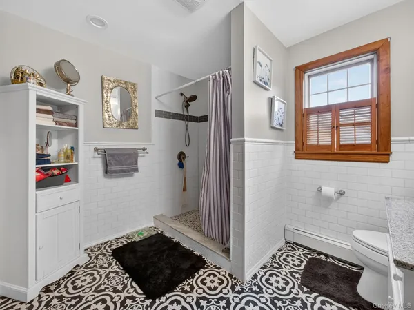 a bathroom with a shower and a toilet