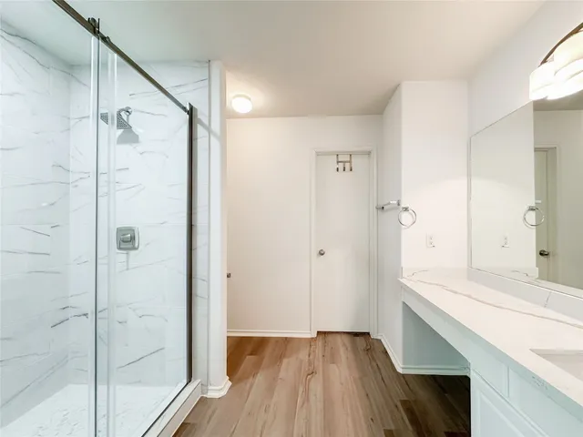 a bathroom with a sink and a shower