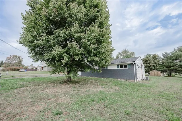 a view of a backyard with large trees
