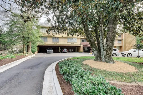 a view of a house with a small yard plants and large tree