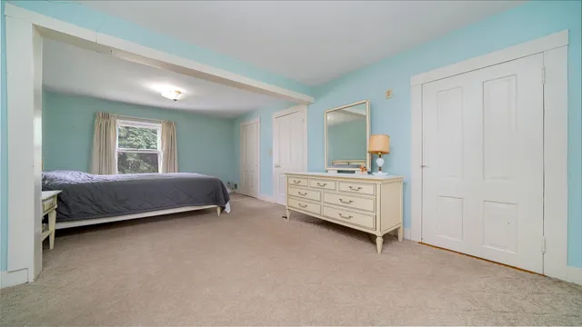 a backyard of a house with plants and large trees