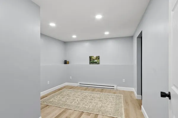 a view of a hallway with wooden floor and a potted plant