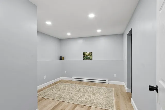 a view of a hallway with wooden floor and a potted plant