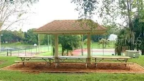 a garden view with a seating space