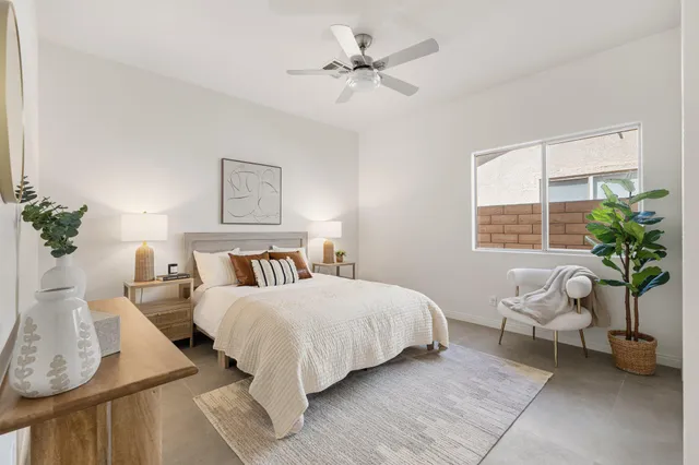 a living room with furniture plant and a window