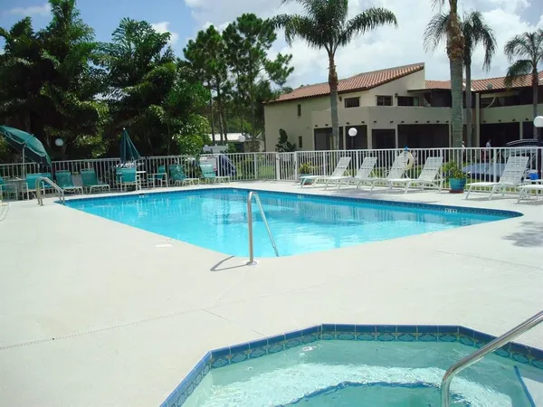a view of a swimming pool with a lawn chairs under palm trees