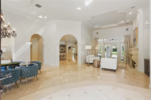a view of a dining room with furniture