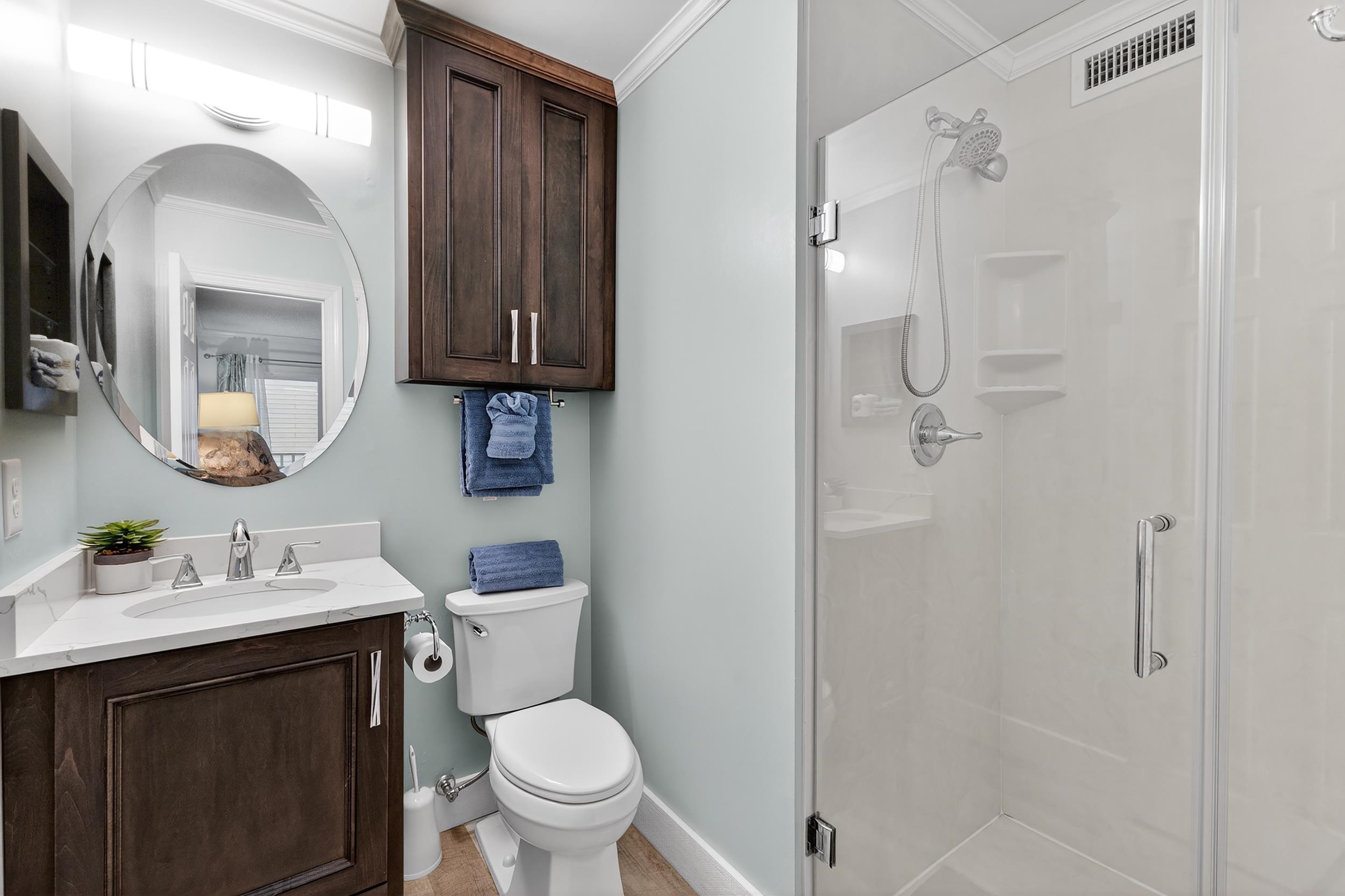 9581 Shore Drive, Unit 229 Myrtle Beach, SC 29572 - Photo 23 of 39 Full bath featuring crown molding, vanity, and a stall shower