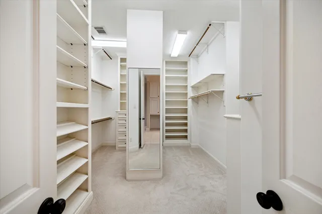 a view of walk in closet with empty racks