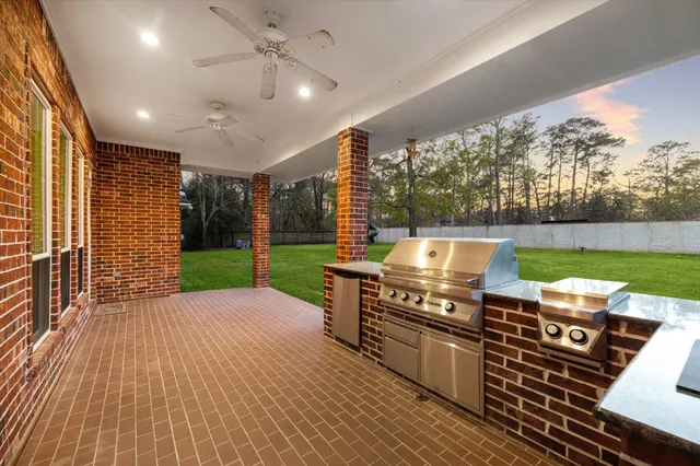 an outdoor space with seating