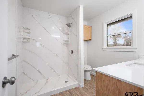 a bathroom with a sink a toilet and shower