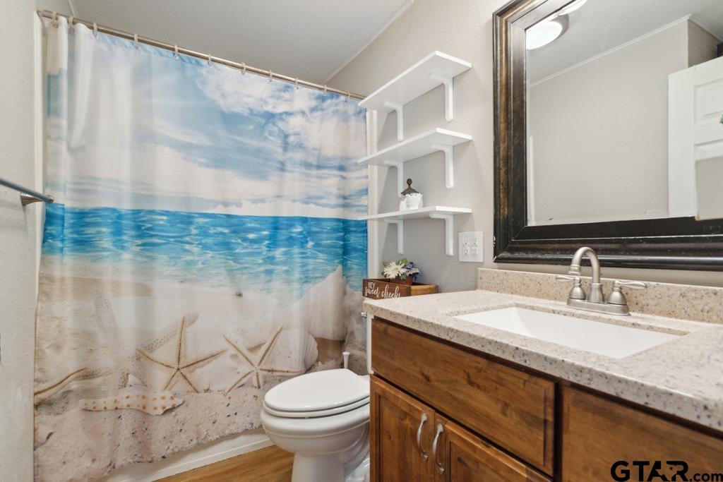 301 Bascom Road Whitehouse, TX 75791 - Photo 5 of 31 a bathroom with a granite countertop sink a toilet and a mirror