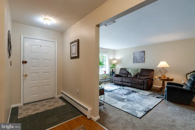 a living room with furniture rug and window