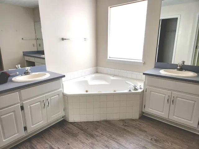 a bathroom with a bathtub sink and mirror