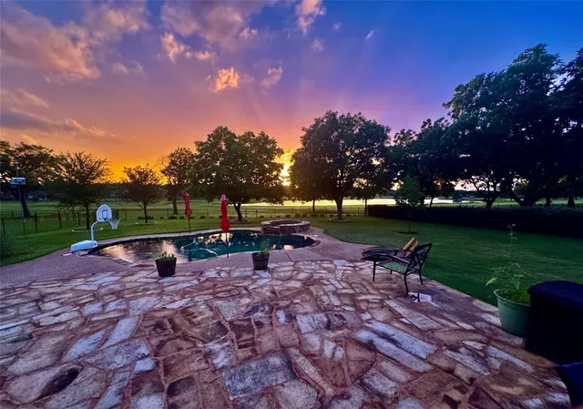 a view of a park with large trees