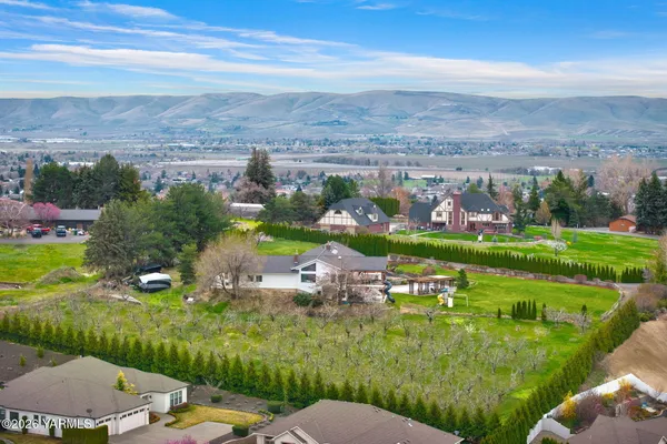 an aerial view of residential houses with outdoor space and lake view