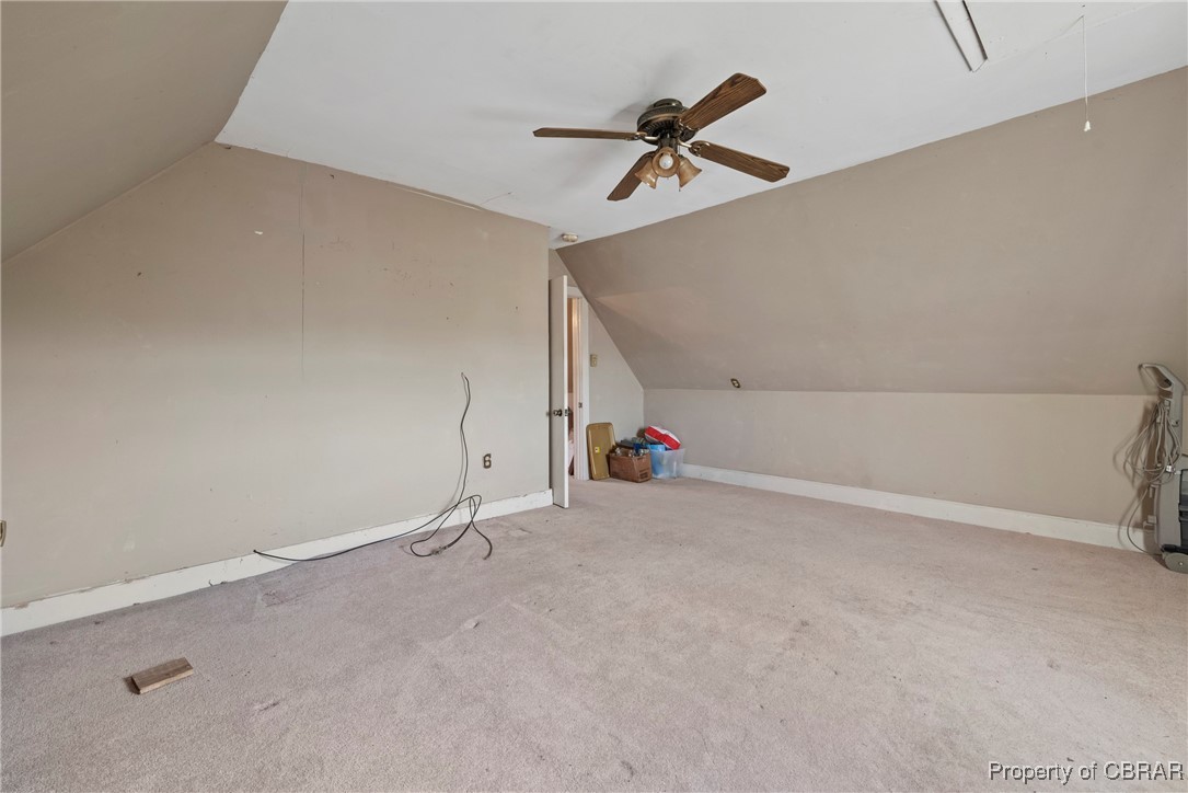 1282 Water View Road Water View, VA 23180 - Photo 19 of 49 Bonus room featuring ceiling fan, light colored carpet, and lofted ceiling