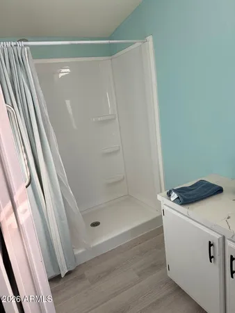 a bathroom with a shower and a sink