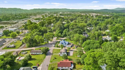 a view of a city with lush green forest