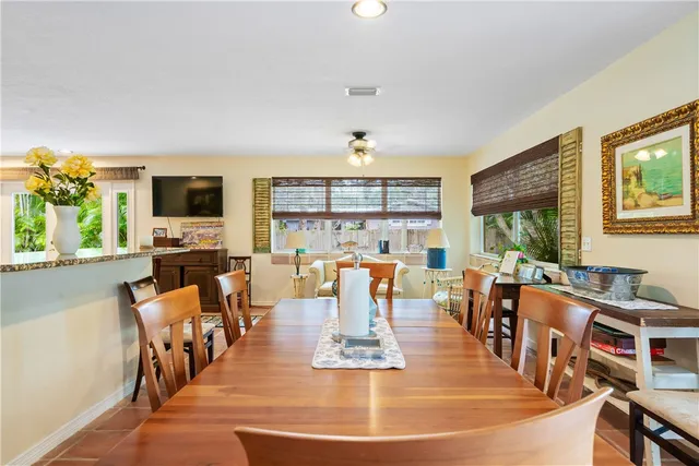 a view of a dining room with furniture window and outside view