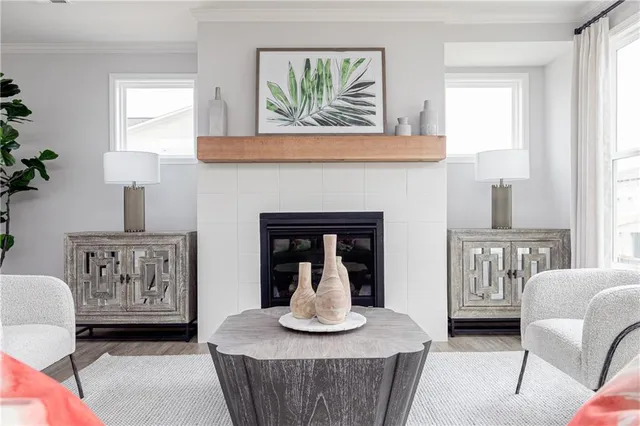 a living room with furniture flowerpot and a chandelier