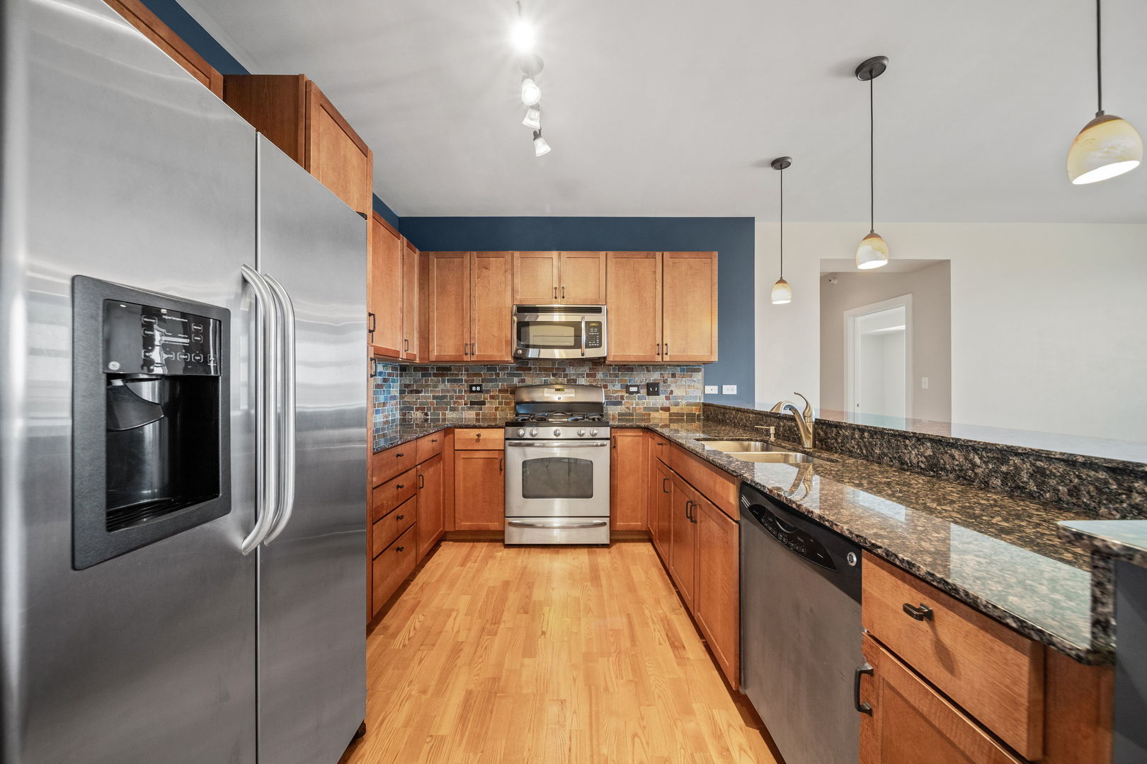 1905 South Wolf Road, Unit 605 Hillside, IL 60162 - Photo 9 of 31 a large kitchen with stainless steel appliances granite countertop a stove a sink and a refrigerator