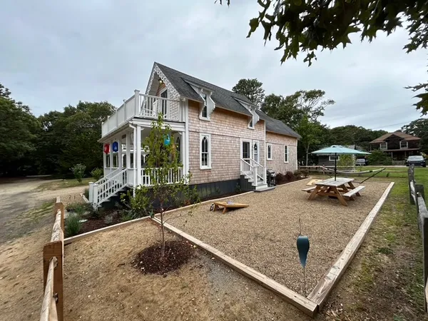 a building outdoor space with patio furniture