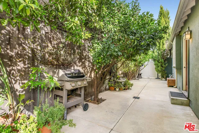 a garden view with a seating space