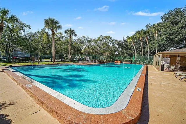 a view of a swimming pool with a garden and trees