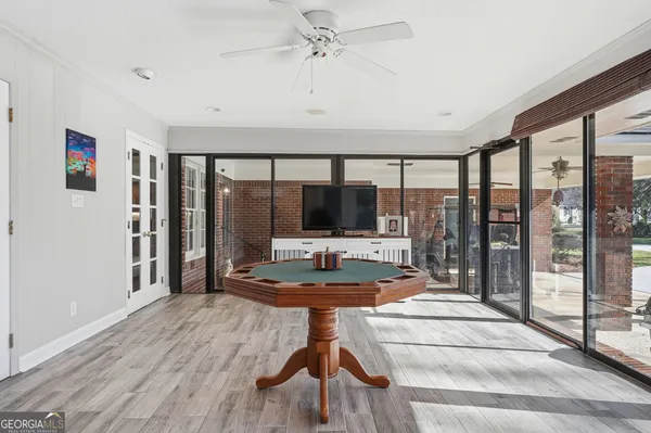 a porch with a glass door