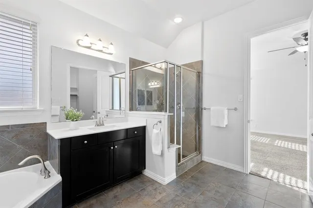 a bathroom with a double vanity sink a mirror and a shower