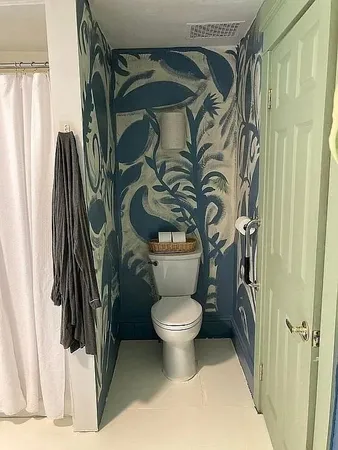 a bathroom with a toilet and a shower curtain