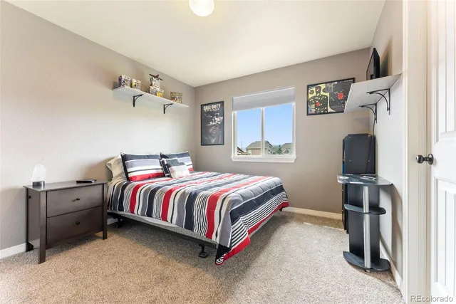 a bedroom with a bed and dresser