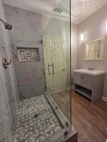 a bathroom with a sink and a shower