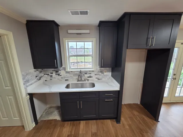 a bathroom with a sink and a mirror