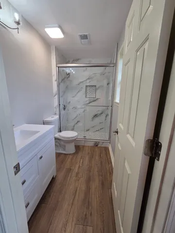 a bathroom with a sink a toilet and shower