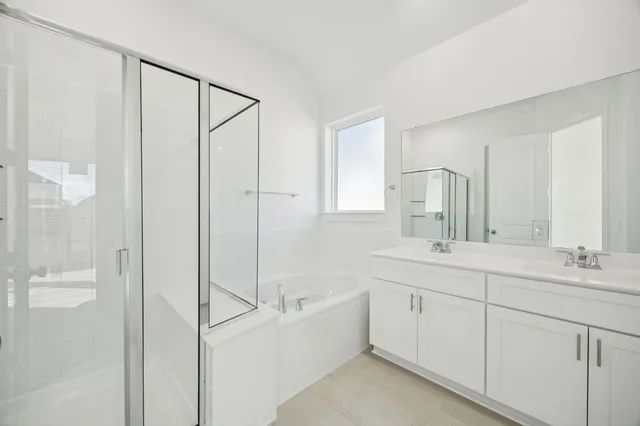 a bathroom with a double vanity sink a mirror and a bathtub
