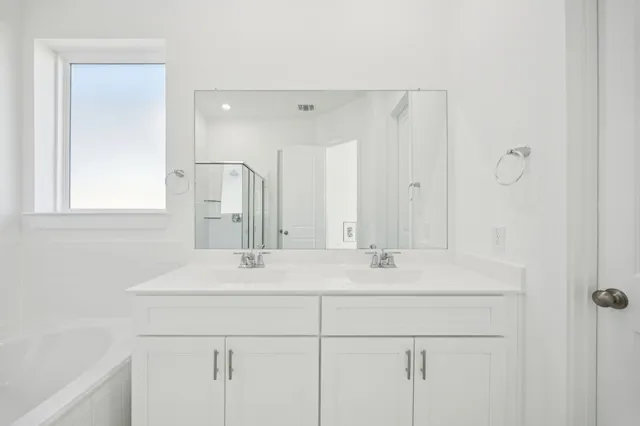 a bathroom with a sink vanity and a mirror